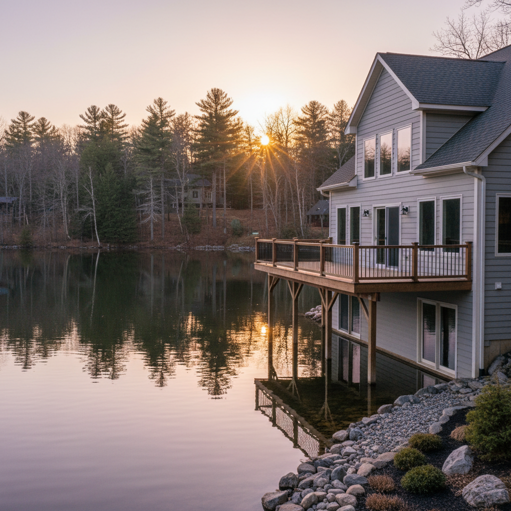 A serene Pocono lakefront property at golden hour, captured in photographic realism, showing the rear of a well-kept vacation home with light gray siding, expansive windows, and a raised deck with simple railings. The house faces a calm lake bordered by dense evergreen and deciduous forest, their reflections shimmering on the water. Warm, low sunlight bathes the scene, creating a golden rim light along the roofline and deck, while the water gently glows with orange and pink hues. The camera is positioned from the shoreline with a slightly elevated angle, including smooth rocks and tidy landscaping in the foreground for depth. The mood is peaceful and aspirational, ideal for conveying the lifestyle benefits of owning a Pocono retreat.