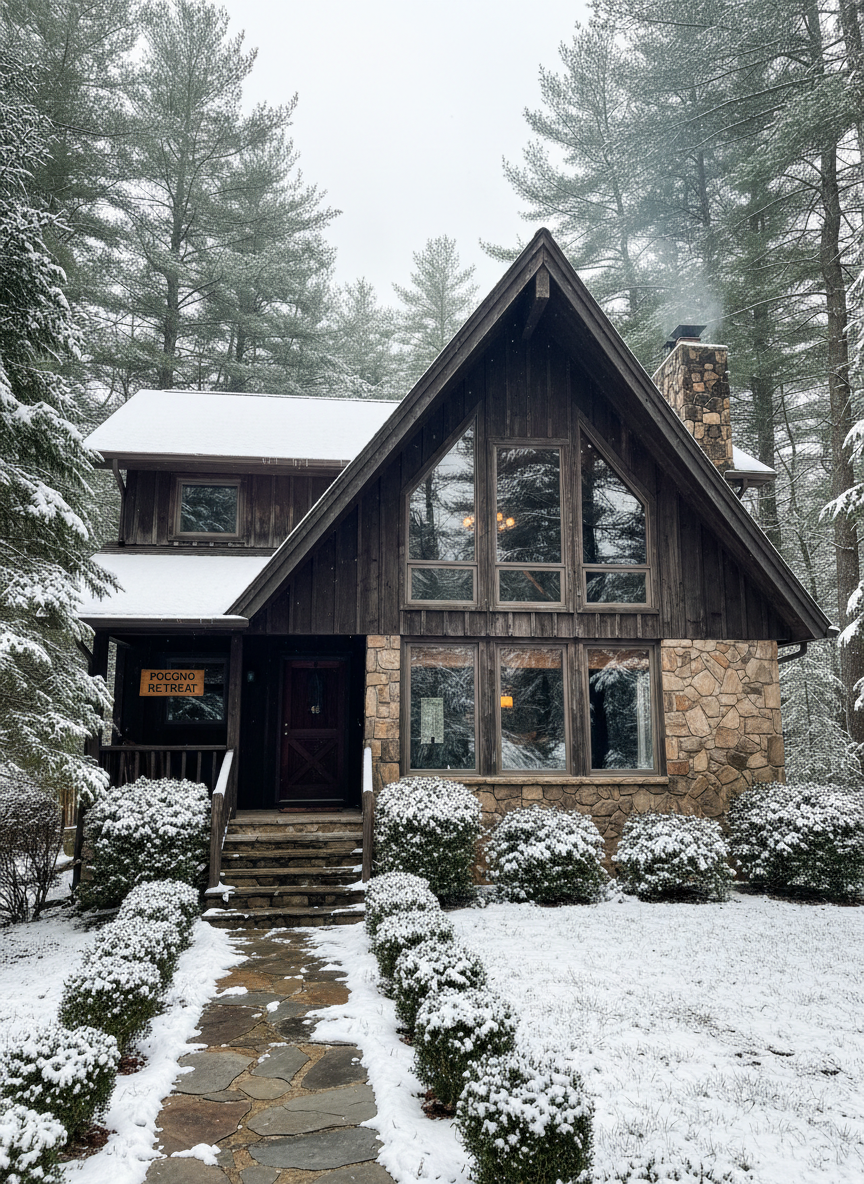 A cozy, winter-ready Pocono home exterior in photographic realism, featuring a two-story chalet-style house with dark wood siding, large A-frame windows, and a subtle stone foundation. A light dusting of fresh snow covers the roof, steps, and the tops of evergreen shrubs lining the walkway, suggesting a well-maintained property in cold weather. Overcast daylight creates soft, diffused lighting, eliminating harsh shadows while providing gentle contrast on the textures of the wood and stone. The camera is positioned at eye level, slightly angled to showcase both the front and side of the home, with tall pine trees framing the background. The atmosphere feels calm, secure, and inviting, emphasizing year-round Pocono living and seasonal appeal for buyers and sellers.