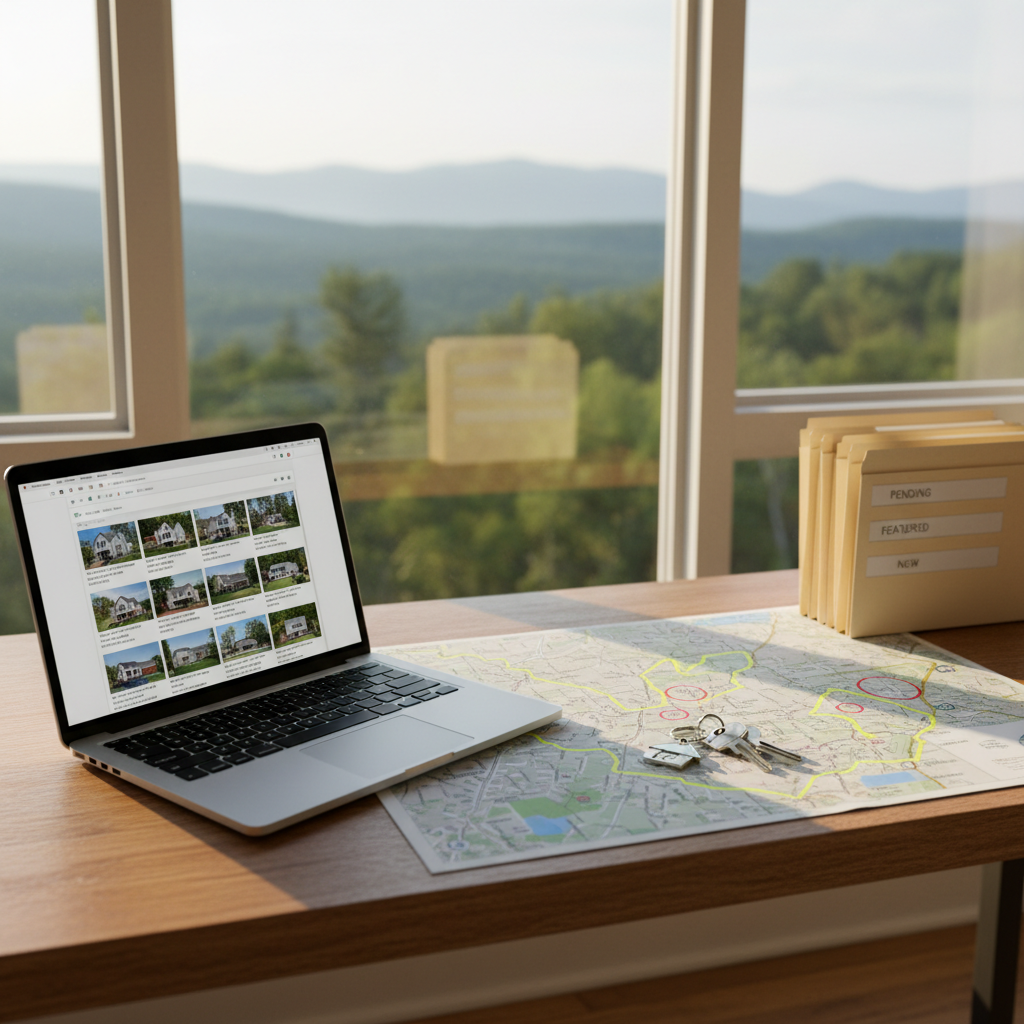 A clean, organized real estate workspace set on a sturdy wooden desk near a large window overlooking a soft-focus Pocono treeline. On the desk lies an open laptop displaying a property listing layout, a printed Monroe County map with highlighted neighborhoods, a set of modern house keys on a metal keyring, and a small stack of neatly aligned property folders. Soft morning natural light streams in, reflecting subtly off the laptop screen and creating gentle shadows from the stationery. Photographic realism with a slightly elevated camera angle, using the rule of thirds to place the laptop and map prominently. The atmosphere feels professional, focused, and trustworthy, suggesting attentive local real estate guidance without any human presence.