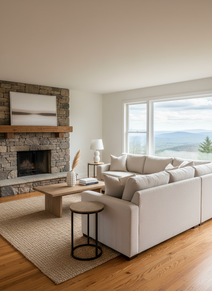 A bright, carefully staged Pocono living room in photographic realism, featuring a stone fireplace with a solid oak mantle, neutral sectional sofa, and large windows revealing a glimpse of wooded Monroe County hills. The room is finished with warm hardwood floors, a simple woven area rug, and tasteful, minimalist decor such as a few hardcover books and a ceramic vase. Soft, diffused daylight enters from the right, creating gentle highlights on the furniture and subtle shadows under the coffee table. The camera is positioned at eye level with a slightly wide frame, capturing the entire seating area and maintaining sharp focus throughout. The mood is inviting, calm, and professional, emphasizing comfort and move-in-ready appeal without feeling cluttered.
