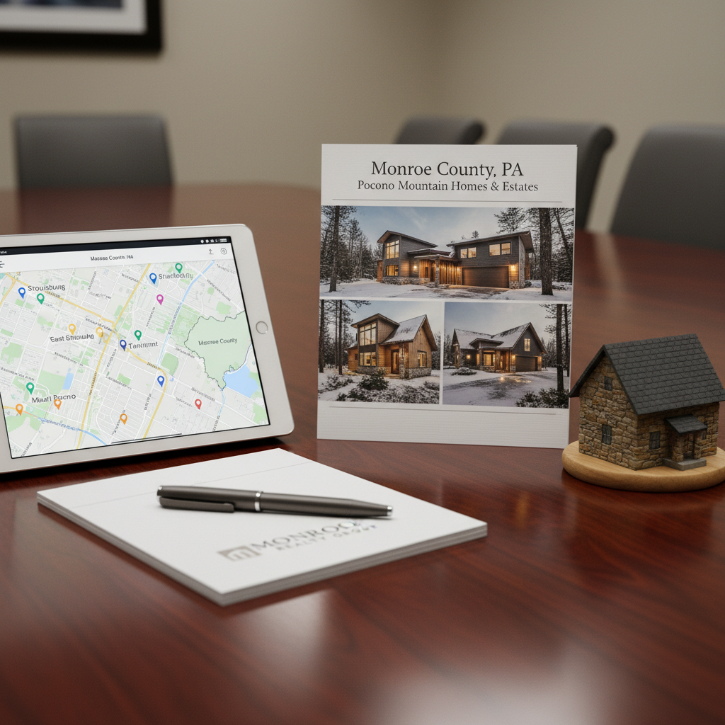 A detailed close-up of a real estate marketing setup on a polished dark wood conference table, designed for a Monroe County, PA listing presentation. In photographic realism, showcase a neatly stacked set of high-quality property brochures featuring Pocono homes, a tablet displaying a map of local neighborhoods, a metal pen resting on a minimalist notepad, and a small model house with stone-textured walls and a pitched roof. Soft, even indoor lighting from overhead fixtures creates a clean, professional ambiance with minimal shadows. Shot from a slightly elevated angle with shallow depth of field, keeping the brochures and model house in sharp focus while the far edge of the table gently blurs. The mood is confident and organized, emphasizing professional listing services and market expertise.